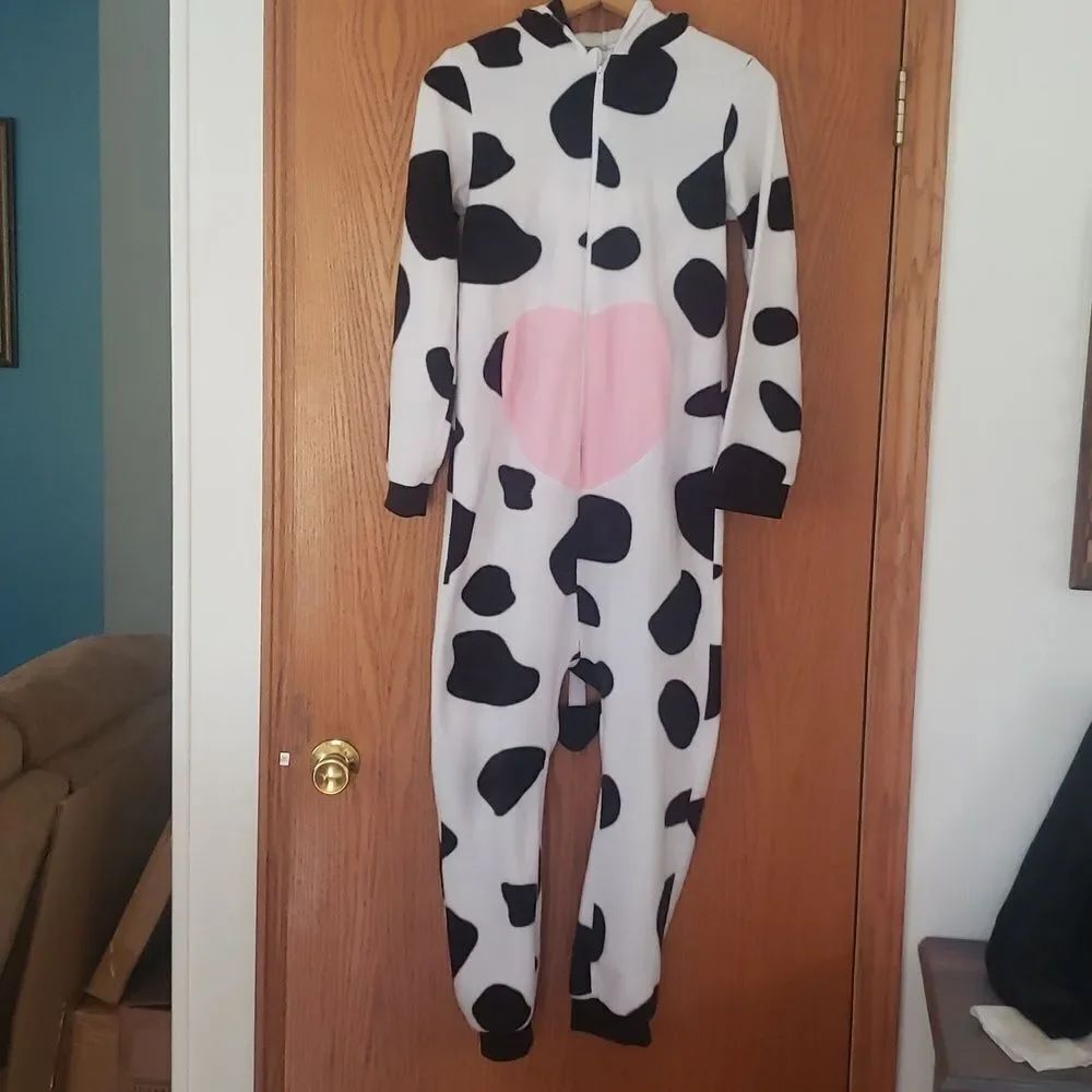 Cute One Piece Cow Halloween Costume Lightweight Fleece Sz 12/14